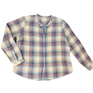 L.L. Bean Women's Plaid Tunic Shirt XL Blue Cotton Long Sleeve Split Neck Top